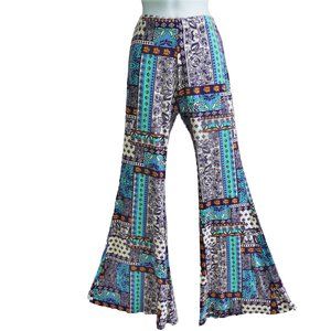 Michael Lauren Hippie Flared Jersey Knit Pants Pull On Elastic Waist Psychedelic